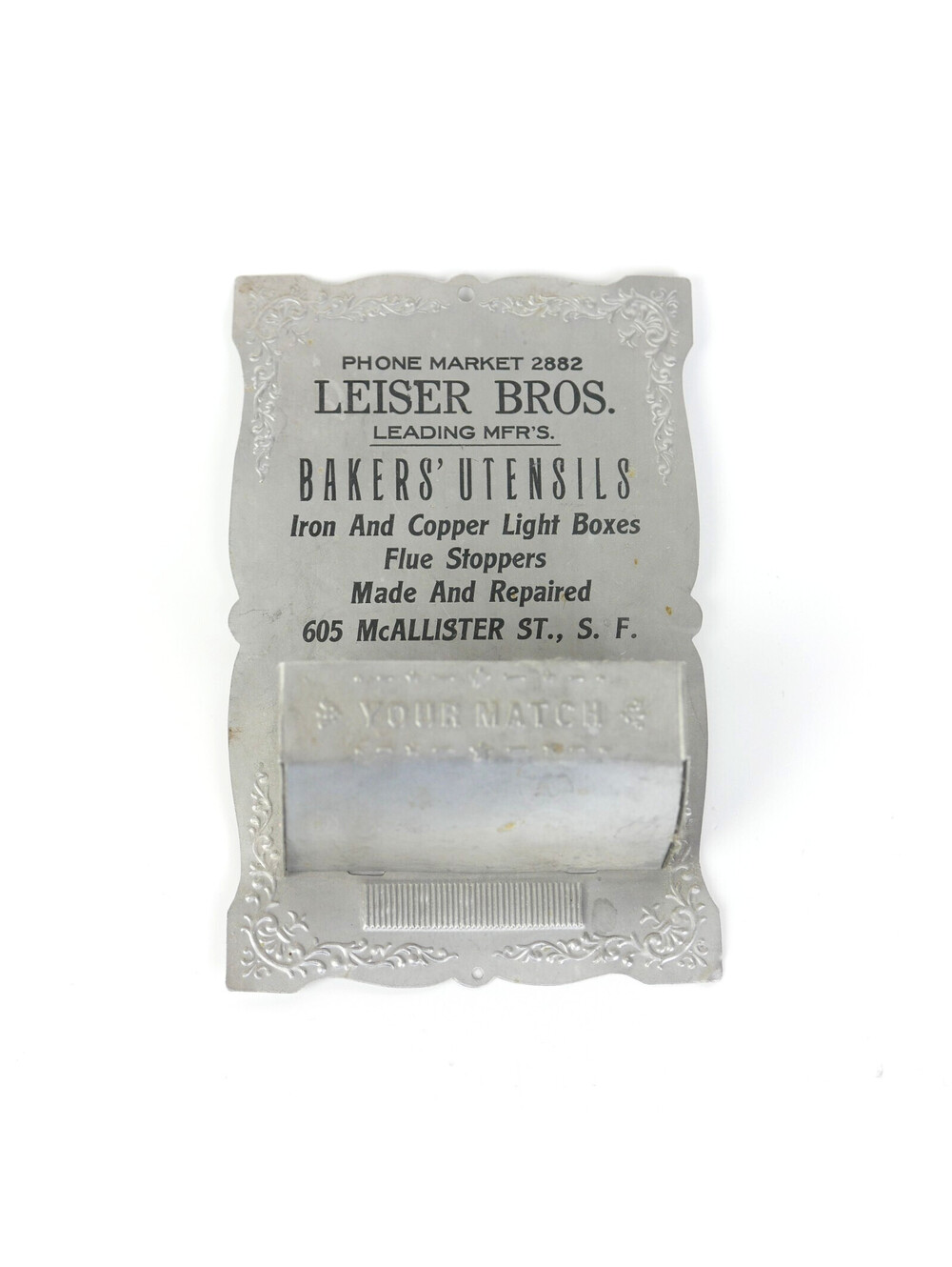 Antique Leiser Bros San Francisco Tin Wall Match Holder Striker Box Safe 1910s